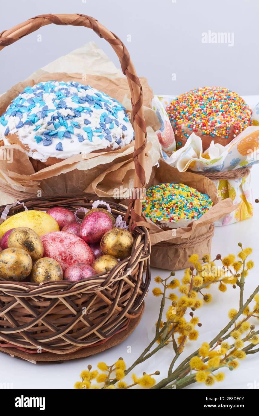 Eggs with cakes vertical shot. Stock Photo