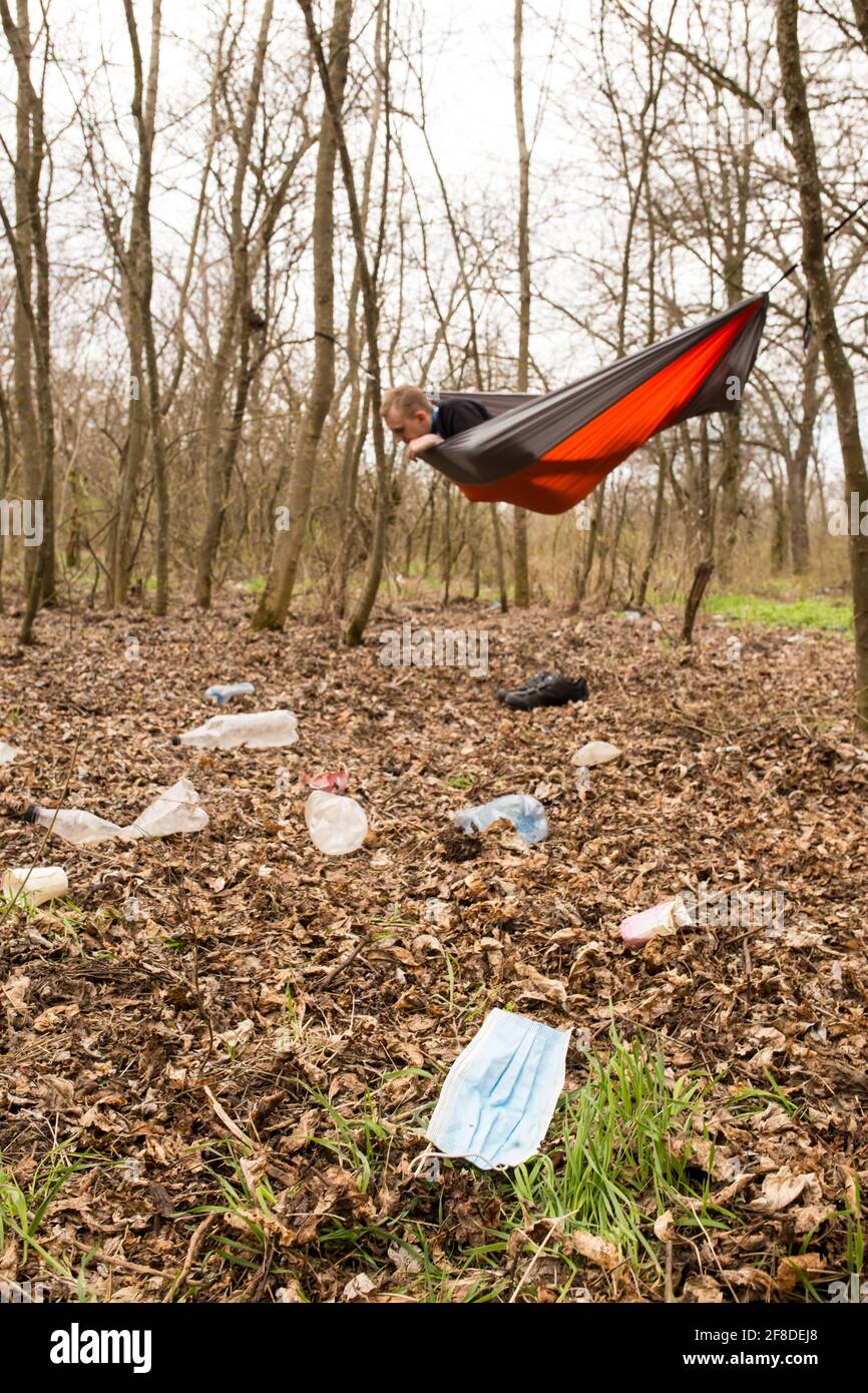 Bad example fo throwing away garbage on the camping place, in the forest Stock Photo Alamy