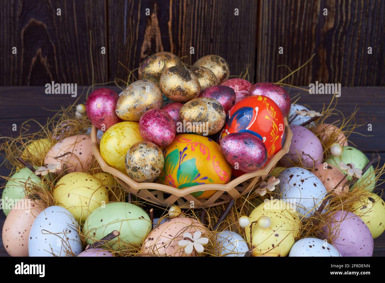 Collection of various colorful easter eggs. Stock Photo