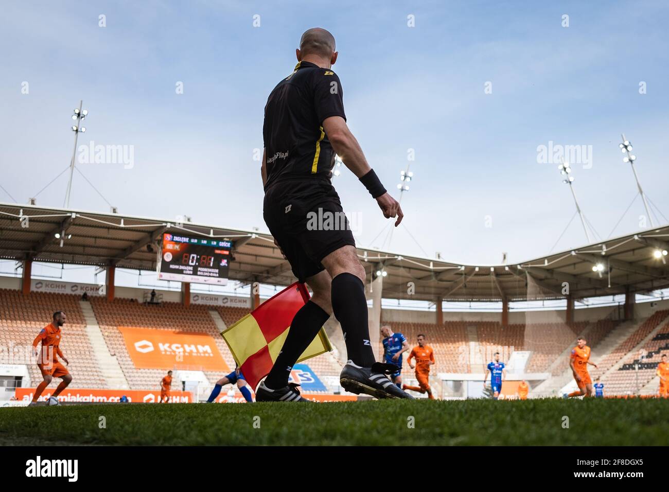LUBIN, POLAND - APRIL 11, 2021: Football match Polish PKO Ekstraklasa between KGHM Zaglebie Lubin - Podbeskidzie Bielsko-Biala 2:1. Sideline referee a Stock Photo