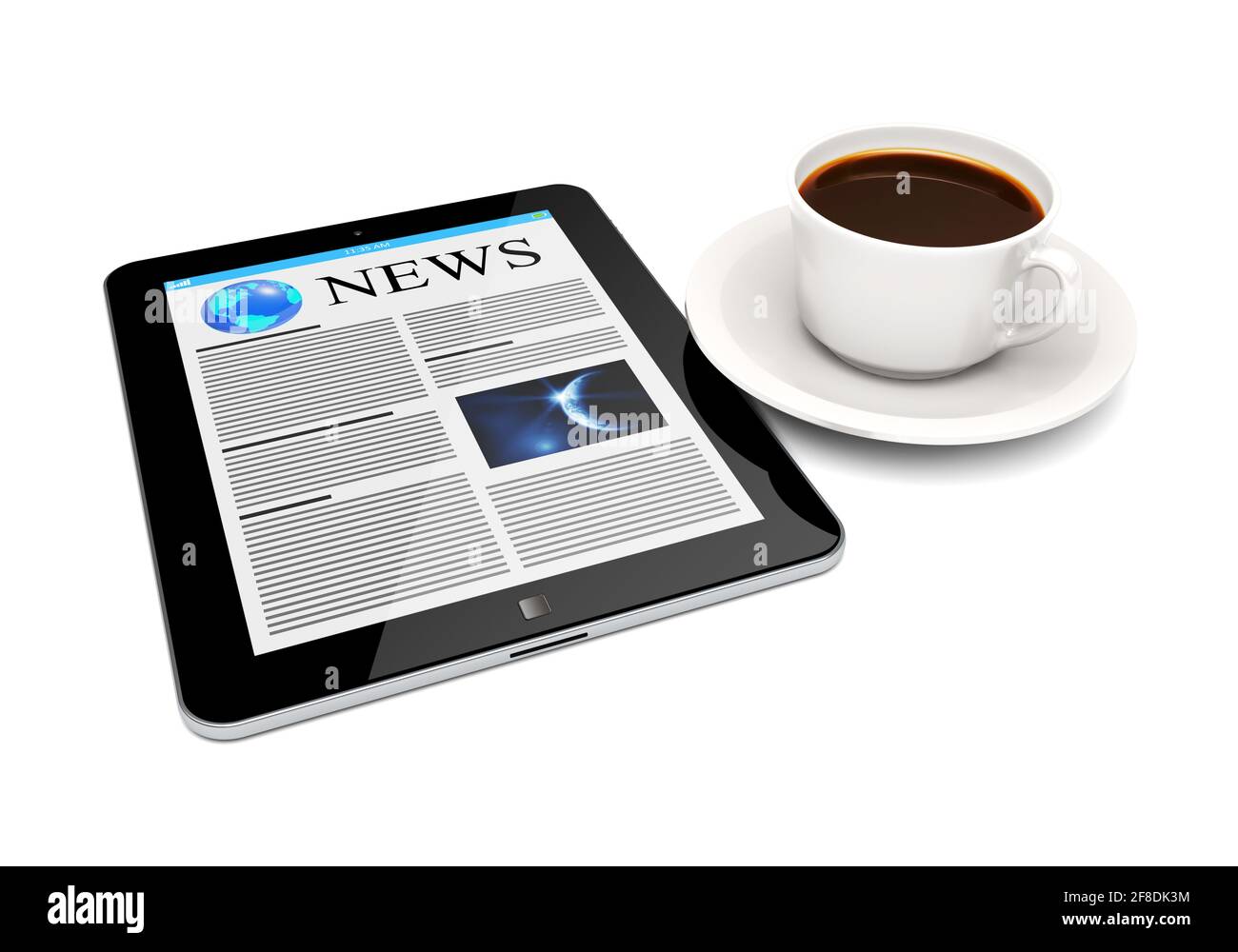Tablet pc computer with news on a screen and coffee cup lying beside Stock Photo