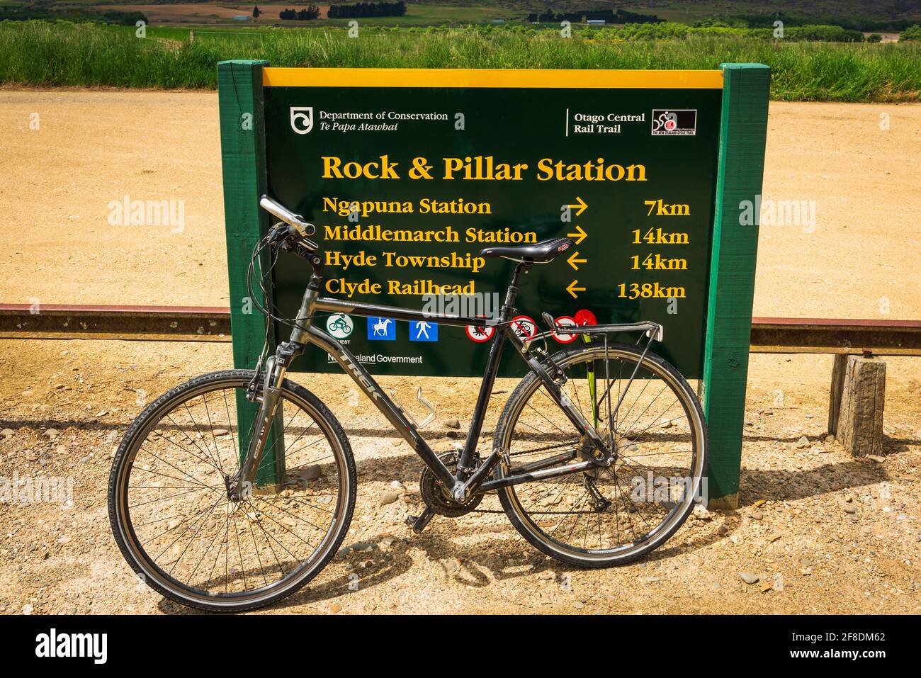 Bicycle and interpretive sign on the Otago Central Rail Trail, Otago