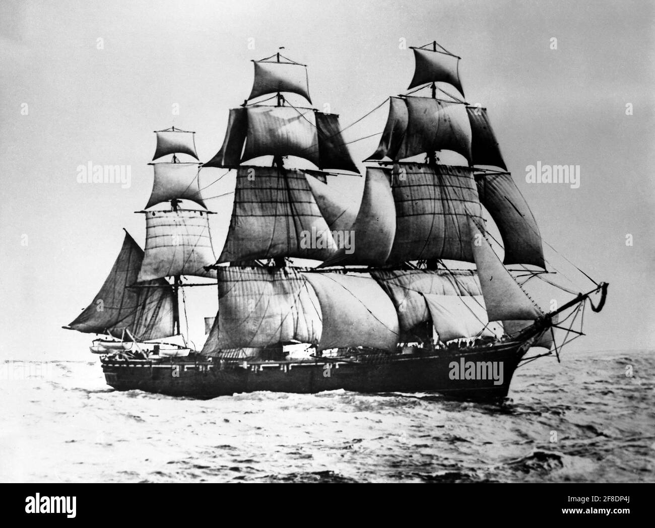 AJAXNETPHOTO.1895. ATLANTIC OCEAN. - CIRCUMNAVIGATOR - THE IRON HULLED SCREW SHIP RIGGED CORVETTE HMS VOLAGE. A HAND WRITTEN CAPTION ON THE VERSO OF THE ORIGINAL PHOTOGRAPH READS 'COMMISSIONED HMS VOLAGE 7 OCTOBER 1894 LEFT FOR HMS EXCELLENT 22 MAY 1895. WEST INDIA TRIP ONE OFTHE SHIPS GOT HER SCREW UP AND FUNNEL DOWN AND COULD DO HER 18 KNOTS UNDER SAIL WITH A NICE BREEZE.'. SEEN HERE ON PASSAGE IN THE ATLANTIC FROM WEST INDIES IN MAY 1895. SHIP SERVED WITH THE FLYING SQUADRON.SCRAPPED IN 1904. PHOTOGRAPHER:UNKNOWN © DIGITAL IMAGE COPYRIGHT AJAX VINTAGE PICTURE LIBRARY SOURCE: AJAX VINTAGE PI Stock Photo