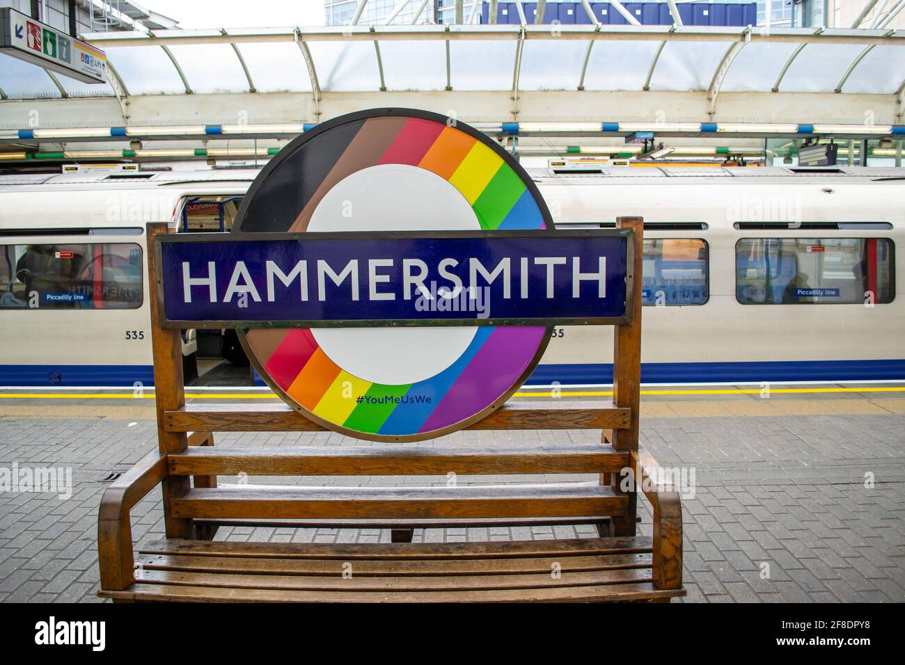 HAMMERSMITH, LONDON, ENGLAND 10 April 2021 Pride roundel at