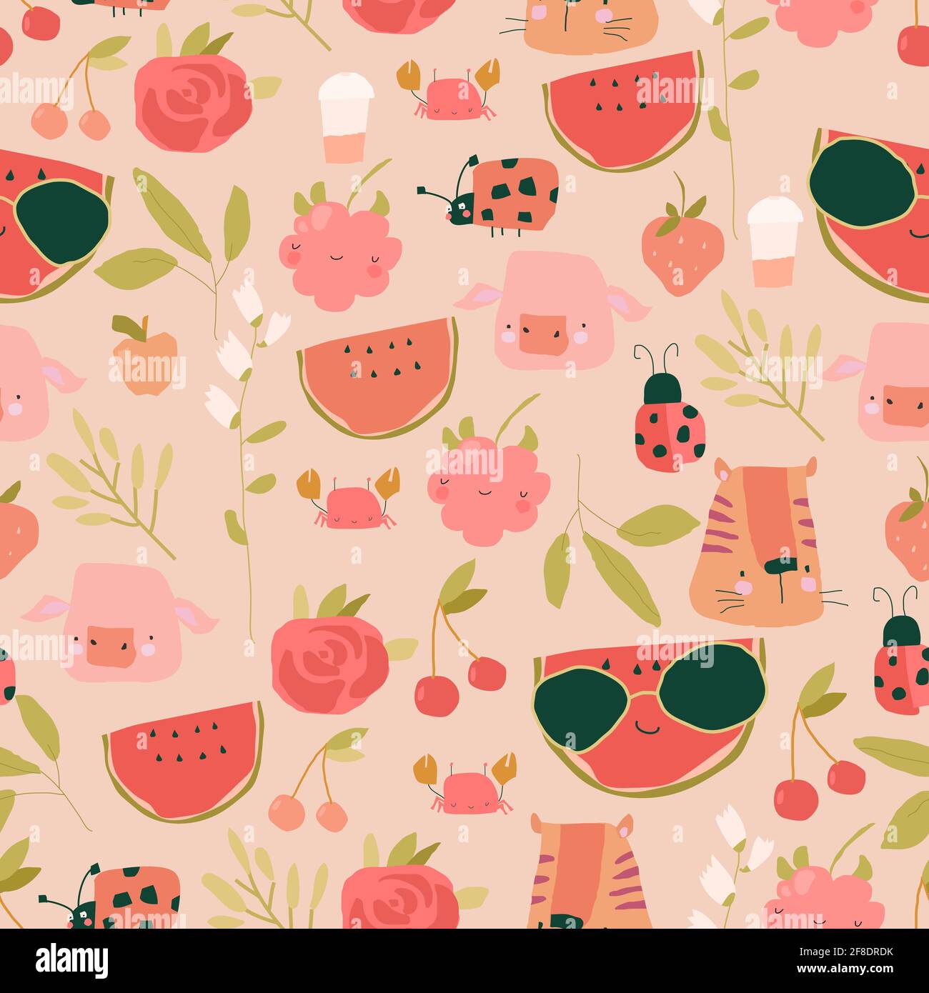 Seamless pattern with Cartoon Fruits, Animals and Plants on pink Background Stock Vector