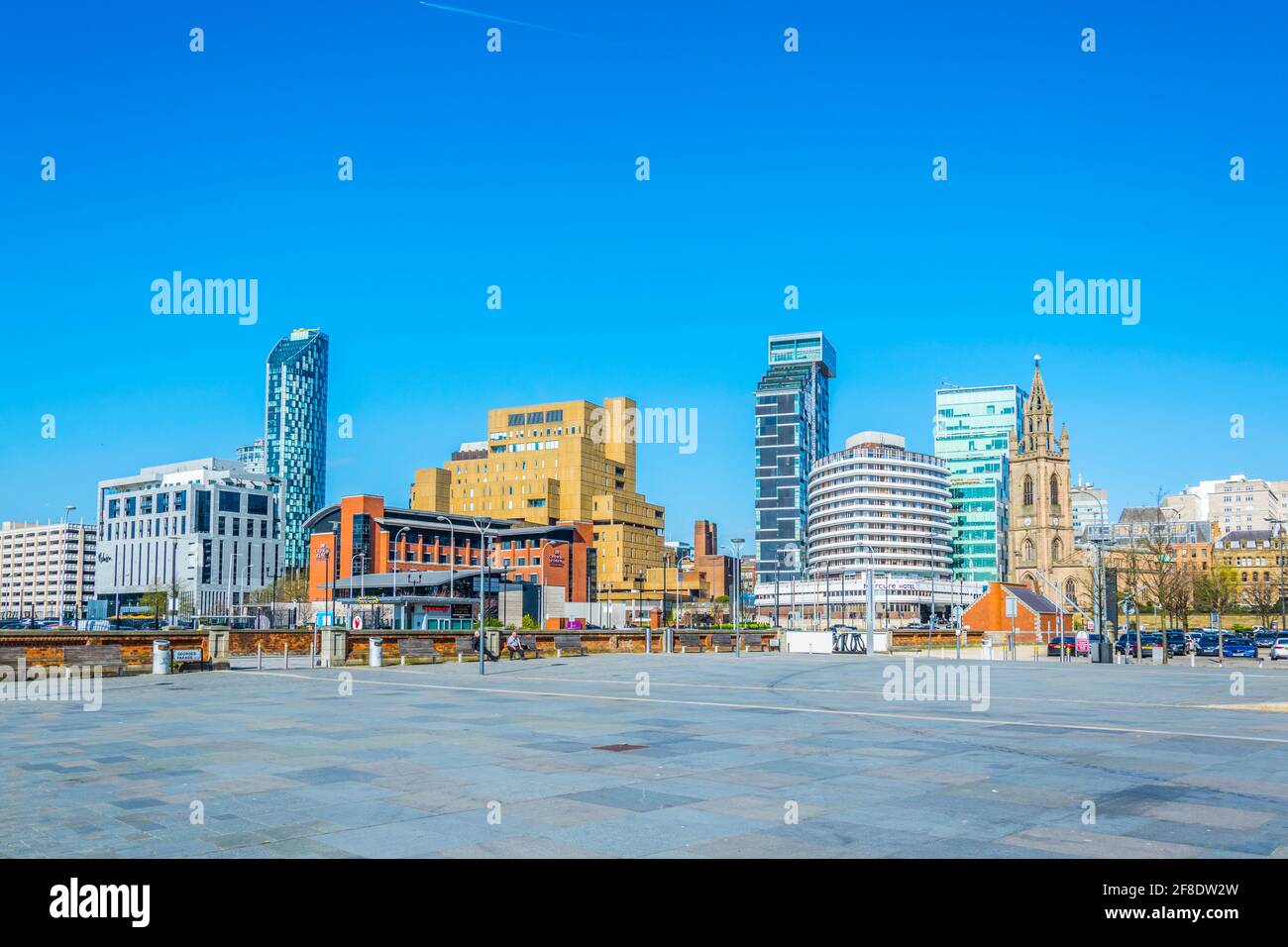 LIVERPOOL, UNITED KINGDOM, APRIL 7, 2017: Liverpool parish church surrounded with skyscrapers, England Stock Photo