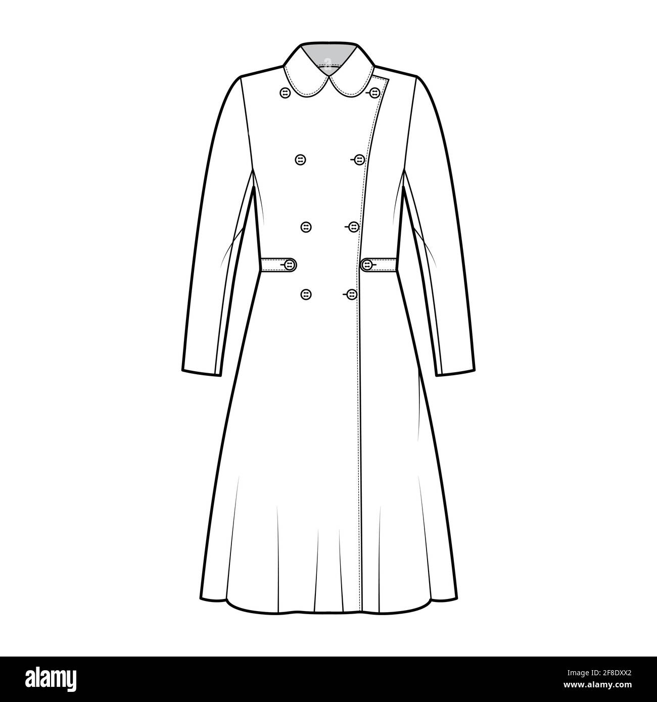 Skating coat technical fashion illustration with tabs, double breasted, round collar, knee length, A-line silhouette. Flat jacket template front, white color style. Women, men, unisex top CAD mockup Stock Vector