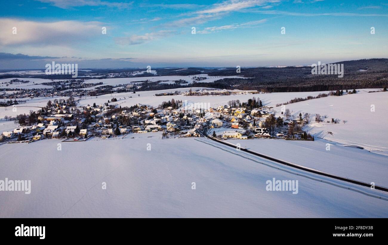 Aerial view of a small town covered with snow Stock Photo - Alamy
