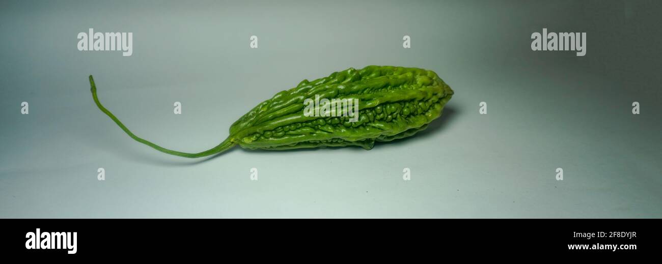 Fresh bitter melon on white. Healthy bitter melon for human body Stock