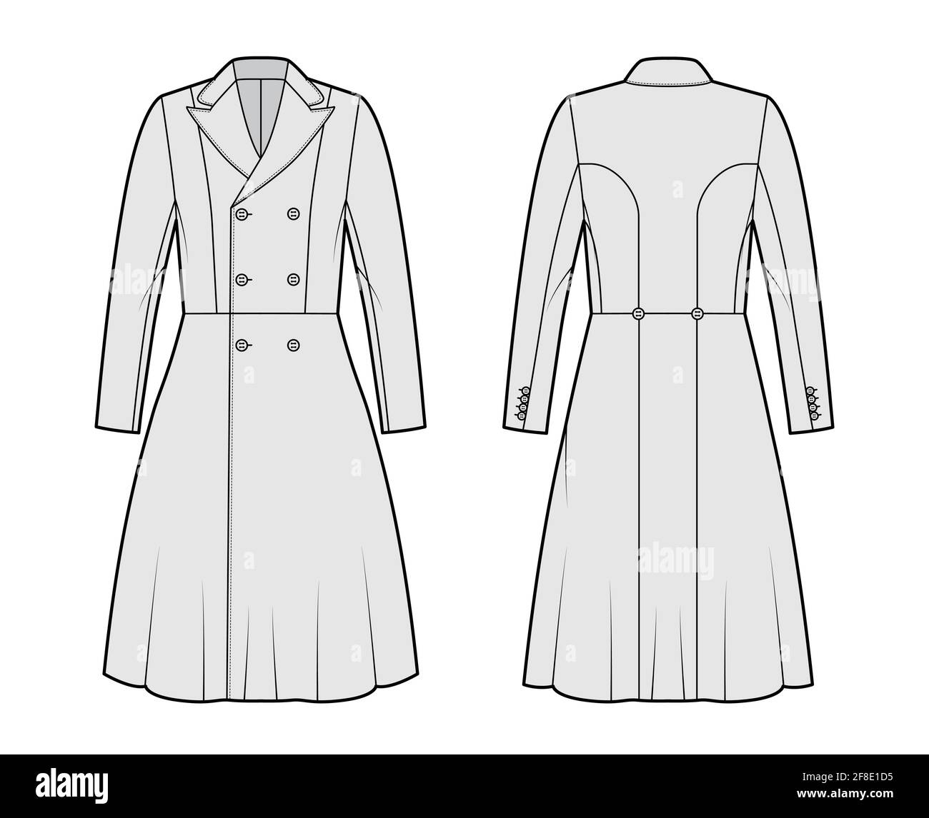 Redingote coat technical fashion illustration with double breasted, fitted, long sleeves, peak lapel collar, knee length. Flat jacket template front, back grey color style. Women, men, unisex top CAD Stock Vector