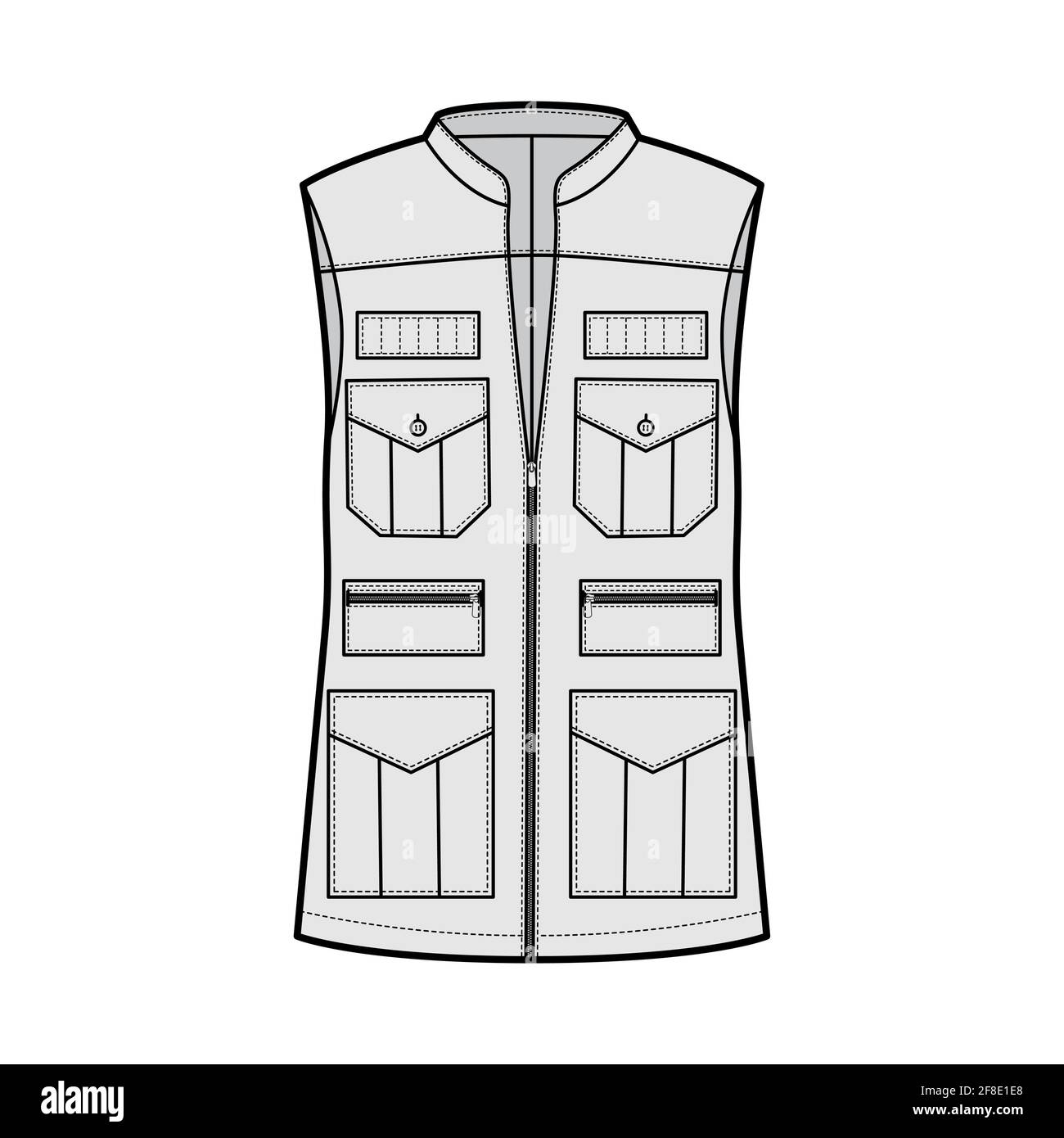 Safari vest waistcoat technical fashion illustration with sleeveless, stand collar, zip-up closure, pockets, oversized body. Flat template front, grey color style. Women, men, unisex top CAD mockup Stock Vector
