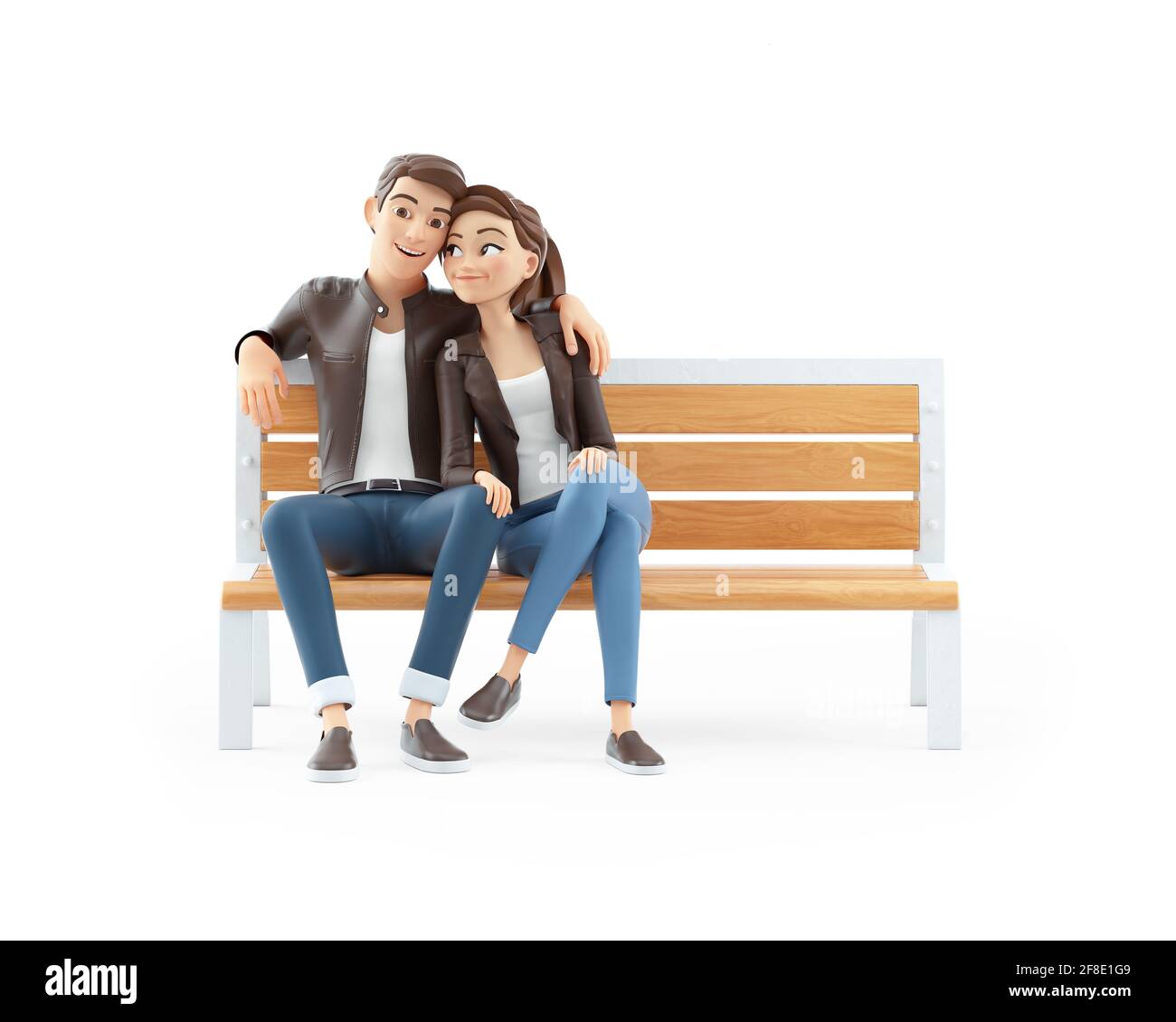 3d cartoon couple in love sitting on public bench, illustration ...