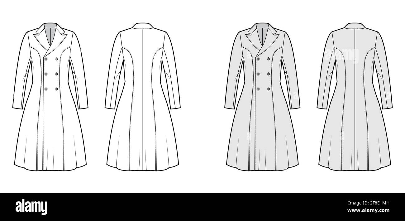Princess line coat technical fashion illustration with double breasted, fitted body, long sleeves, knee length. Flat jacket template front, back, white, grey color style. Women, men, unisex CAD mockup Stock Vector