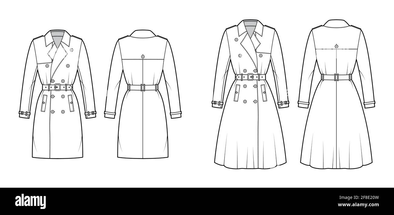 Set of Trench coats technical fashion illustration with belt, double breasted, napoleon wide lapel collar, storm flap. Flat jacket template front, back, white color style. Women, men, unisex top CAD Stock Vector