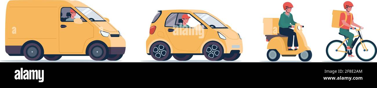 Online delivery service concept, tracking online orders. Bicycle courier, moped, electric vehicle and cargo van for delivery. Set of vector illustrations in flat style, transport for shipments, yellow Stock Vector