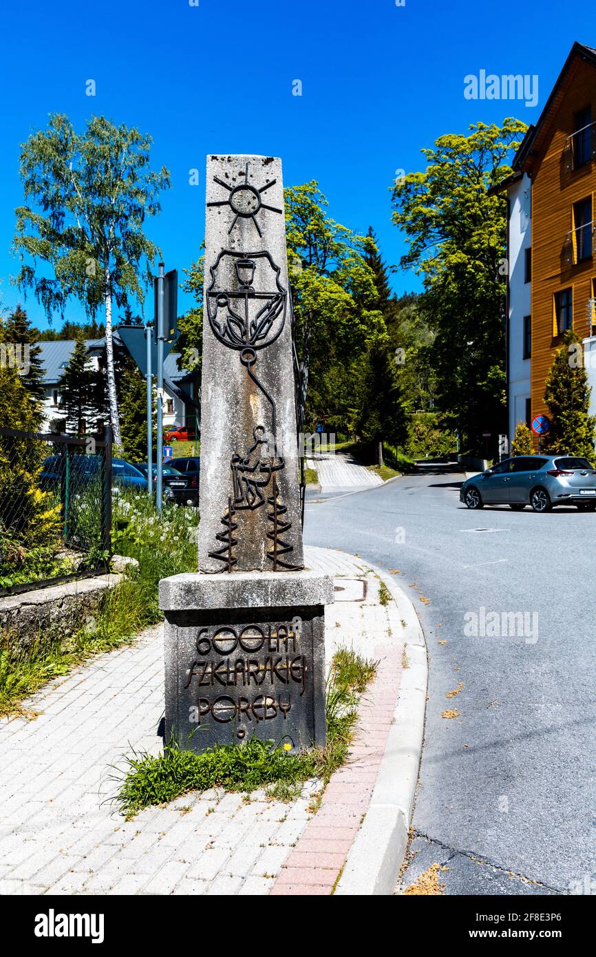 Szklarska Poreba, Poland - June 3 2020: Statue of 600 years of Szklarska Poreba city Stock Photo