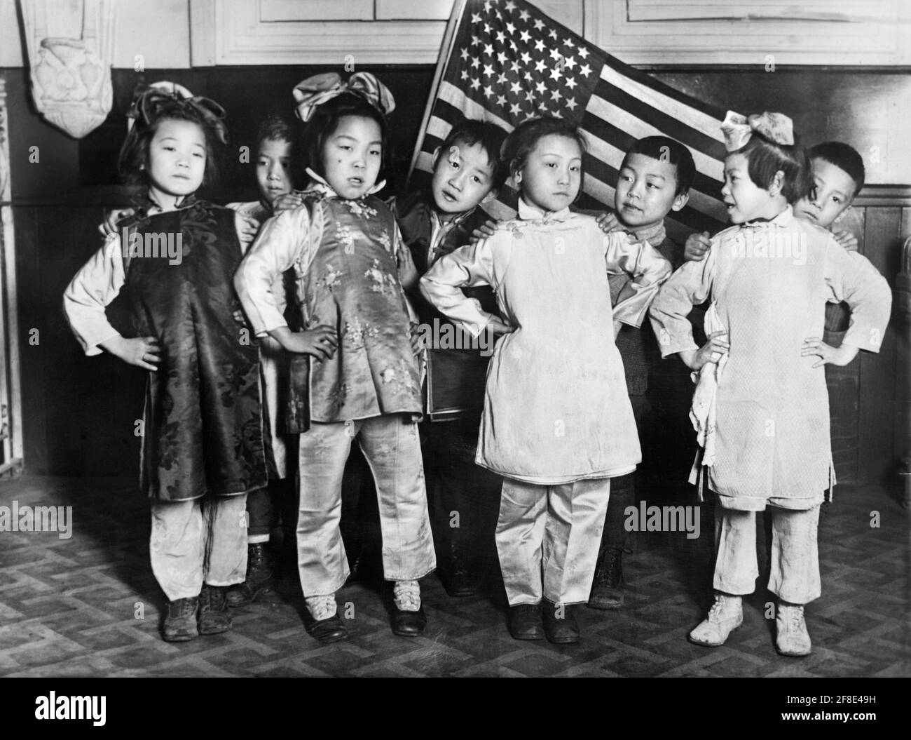 Chinese Children preparing Junior Red Cross Celebration for Abraham Lincoln's Birthday, Public School 108, Mott Street, Chinatown, New York City, New York, USA, American National Red Cross Collection, January 29, 1920 Stock Photo