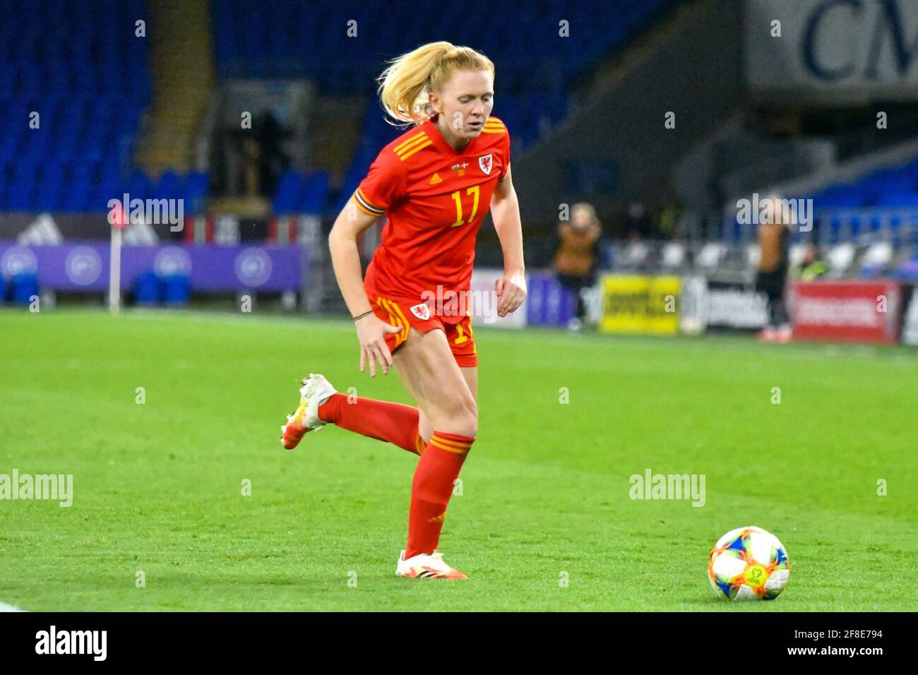 Cardiff, Wales. 13 April, 2021. Ceri Holland of Wales Women in action during the Women's International Friendly match between Wales and Denmark at the Cardiff City Stadium in Cardiff, Wales, UK on 13, April 2021. Credit: Duncan Thomas/Majestic Media/Alamy Live News. Stock Photo