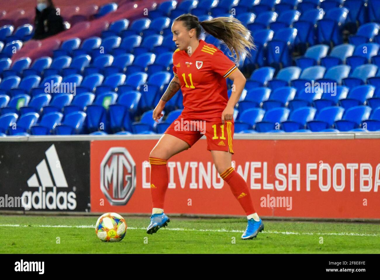 Cardiff, Wales. 13 April, 2021. Natasha Harding of Wales Women in action during the Women's International Friendly match between Wales and Denmark at the Cardiff City Stadium in Cardiff, Wales, UK on 13, April 2021. Credit: Duncan Thomas/Majestic Media/Alamy Live News. Stock Photo