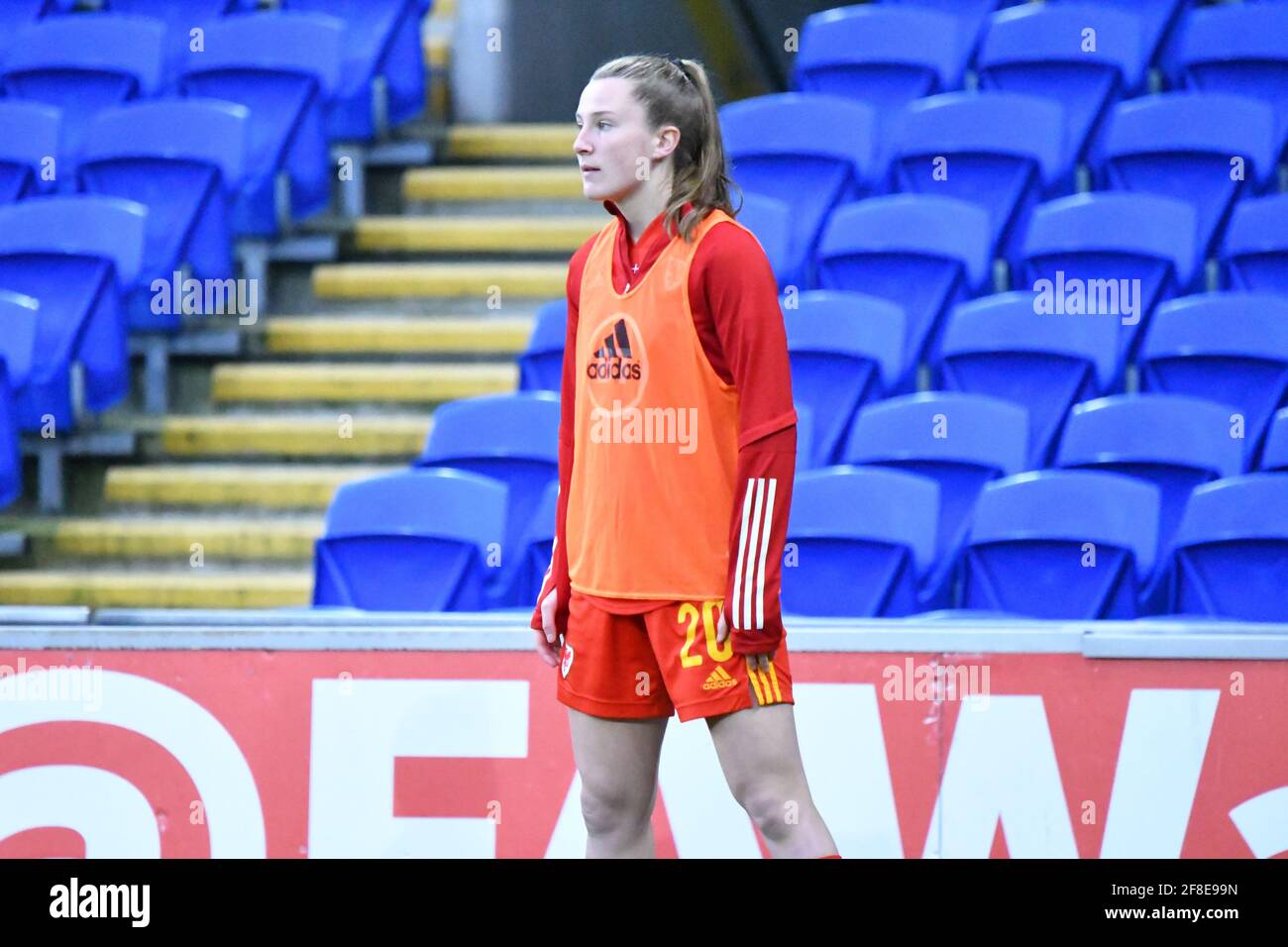 Cardiff, Wales. 13 April, 2021. Carrie Jones of Wales Women watches from the sideline during the Women's International Friendly match between Wales and Denmark at the Cardiff City Stadium in Cardiff, Wales, UK on 13, April 2021. Credit: Duncan Thomas/Majestic Media/Alamy Live News. Stock Photo