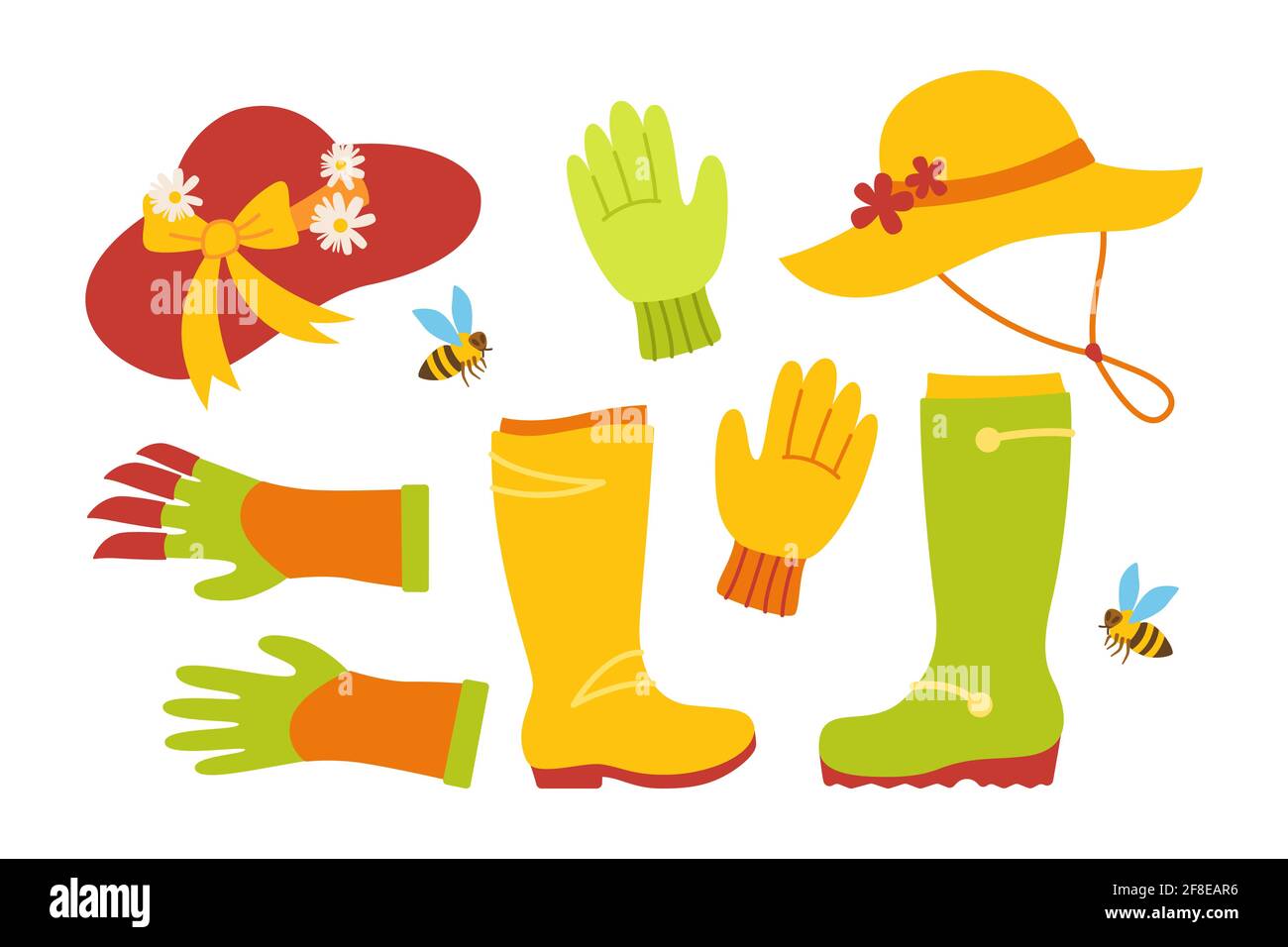 Garden tool set. Boots and hat, bee, rake gloves tool outdoor activities. Work equipment, Rural