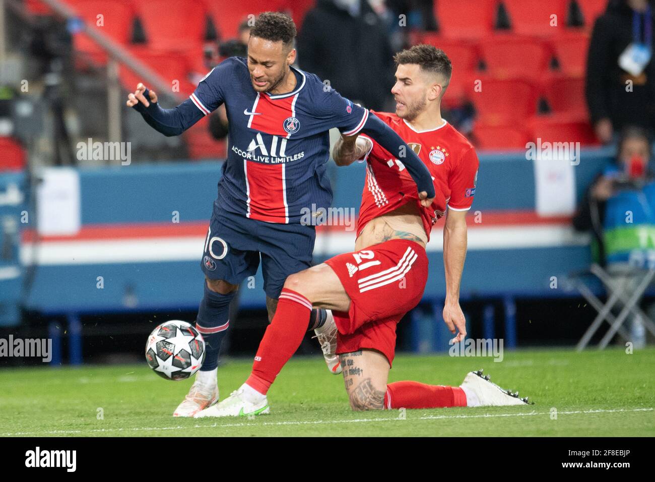 Neymar Jr of PSG in action with Lucas Hernandez of FC Bayern Munchen during  the UEFA Champions League, Quarter Final Second Leg match between Paris  Saint Germain and Bayern Munchen at Parc