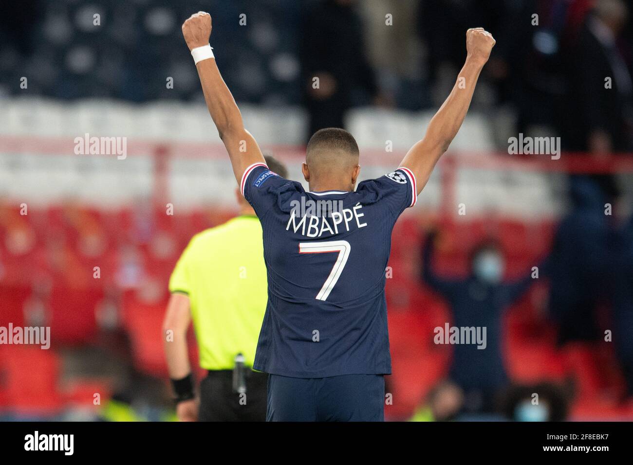Kylian MBappe of PSG reacts after winning during the UEFA Champions