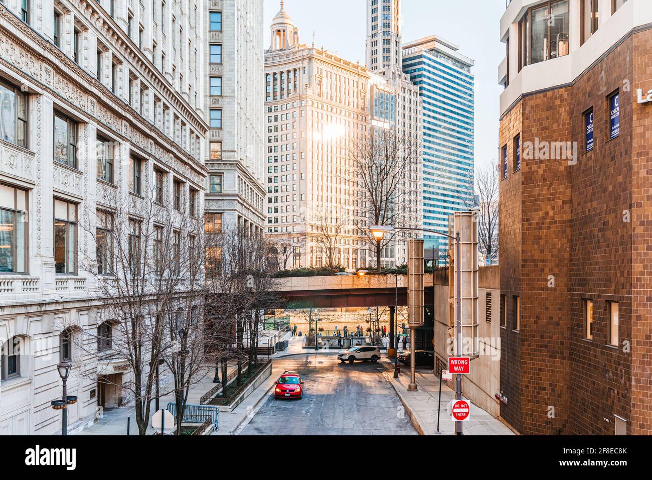 Chicago, Illinois - March 13, 2021: The Empty Streets of Downtown Chicago During the COVID-19 Pandemic. Stock Photo
