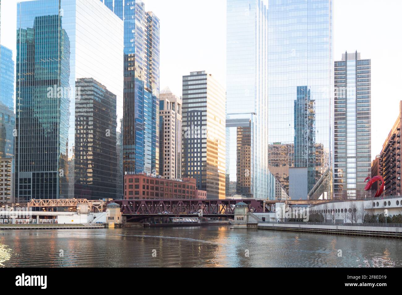 Panoramic Image of the Chicago River with the Chicago Skyline in the Background. Stock Photo