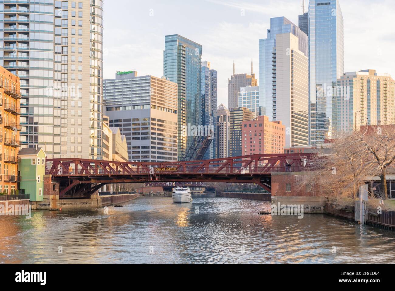 Panoramic Image of Grand Avenue's Drawbridge Taken from the Chicago River with the Chicago Skyline in the Background. Stock Photo