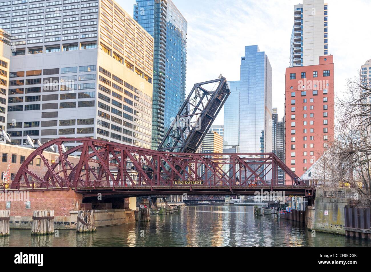 Panoramic Image of Kinzie Street's Drawbridge Taken from the Chicago River with the Chicago Skyline in the Background. Stock Photo