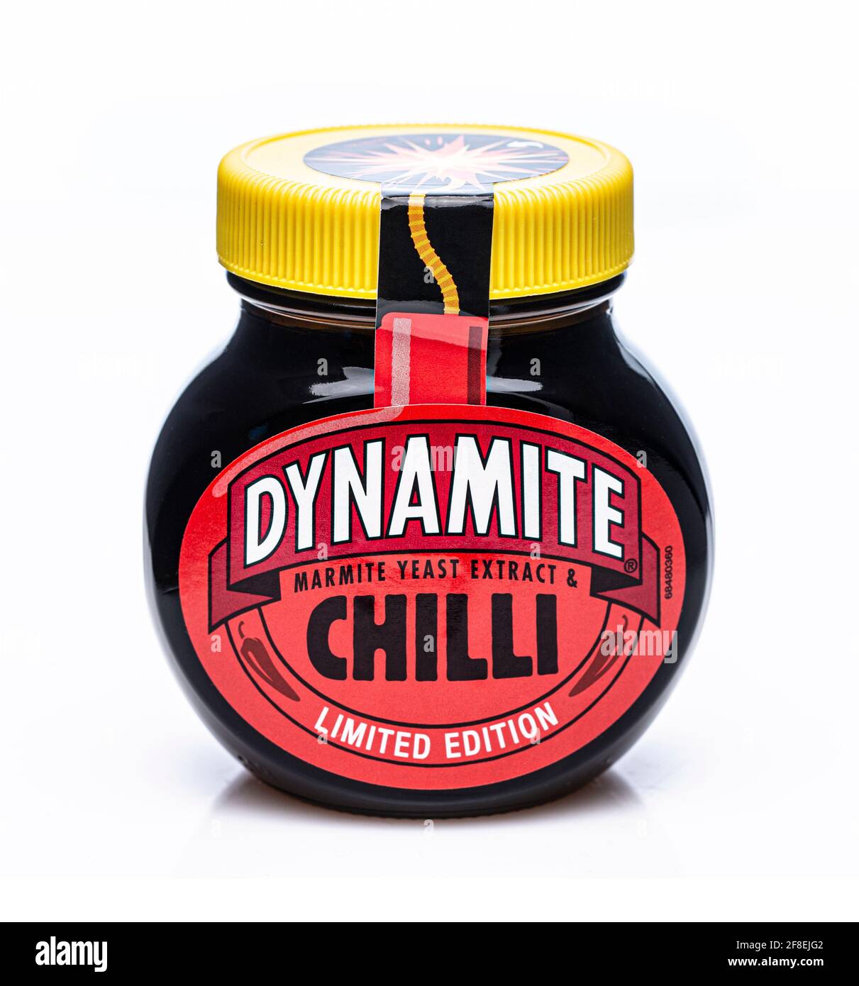 SWINDON, UK - APRIL 14, 2021: Jar of Dynamite Chilli Marmite Limited Edition on a white background Stock Photo