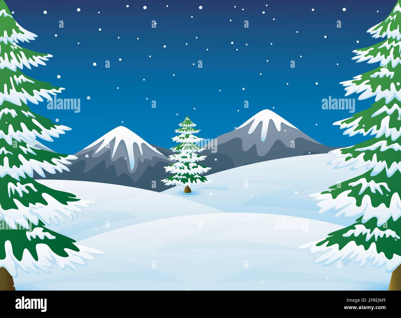 Vector illustration of Winter night landscape with mountains and fir ...