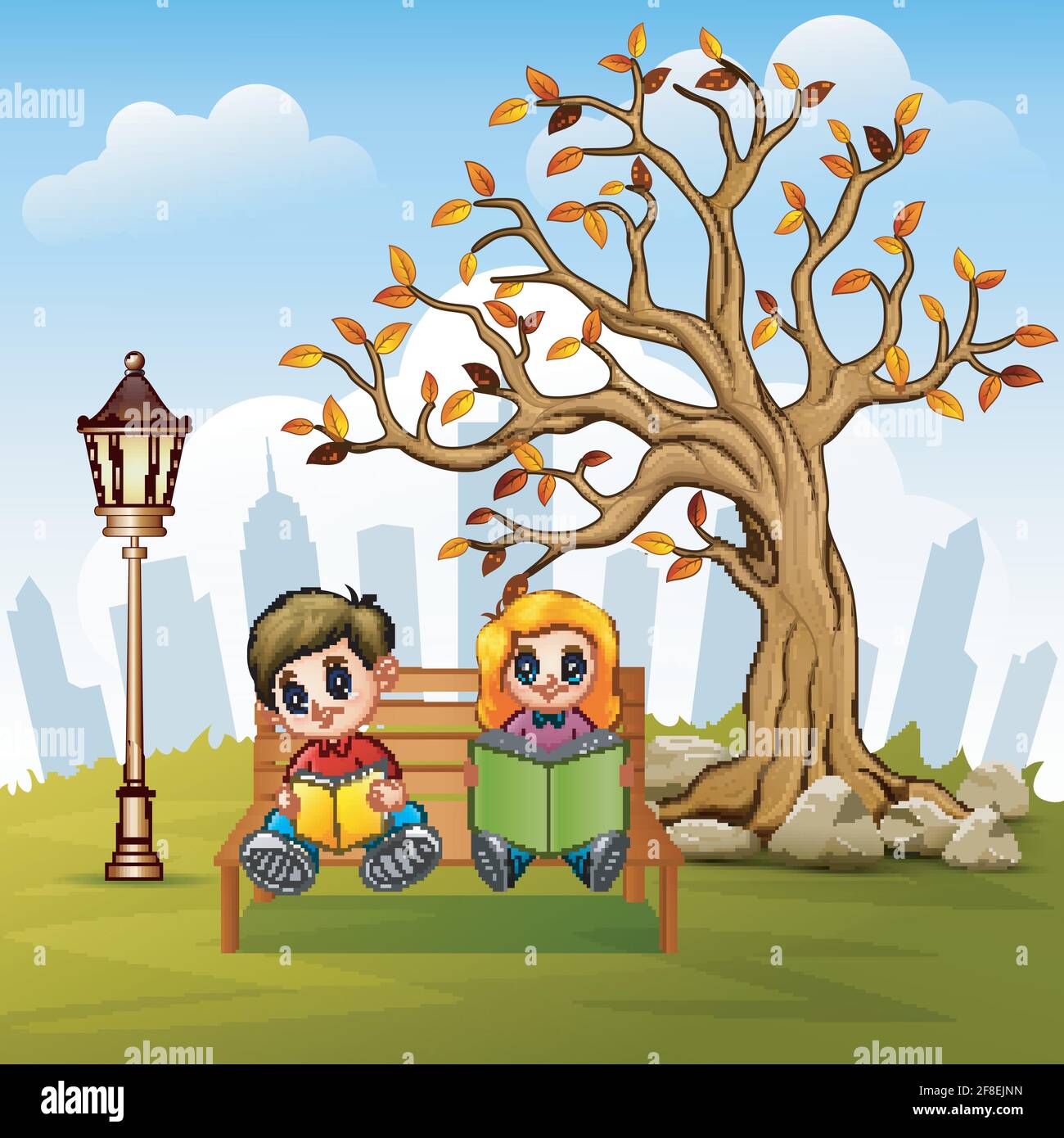 Vector illustration of Children reading a book in city park bench Stock ...