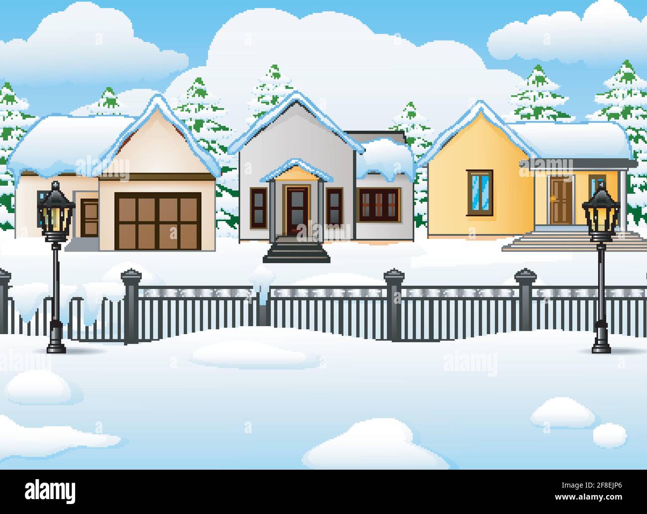 Vector illustration of Winter village landscape background with snow ...