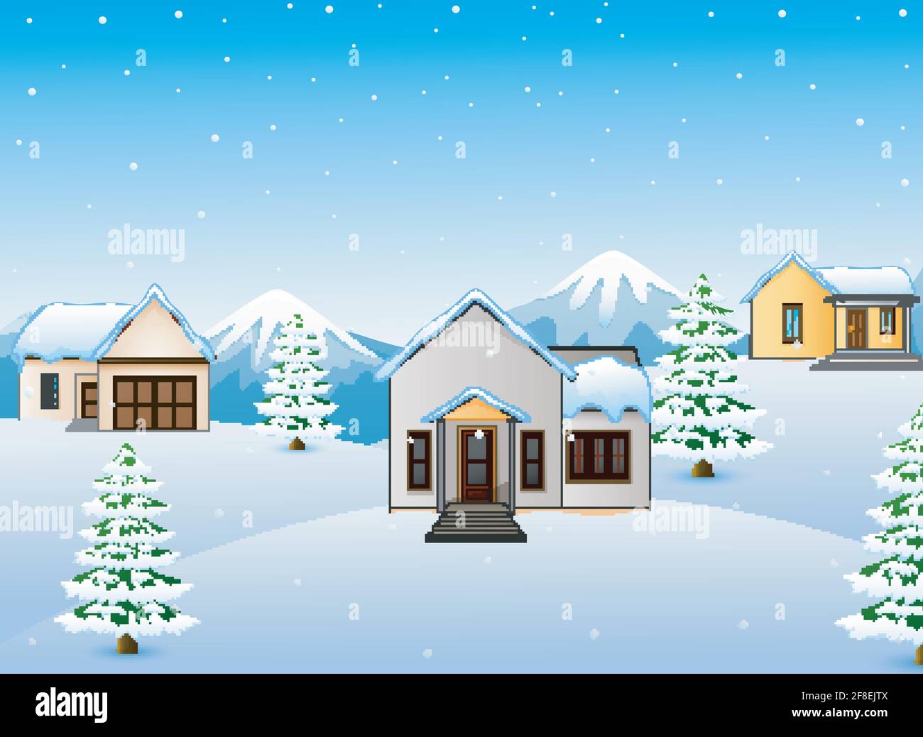 Vector illustration of Winter mountains landscape with house and fir ...