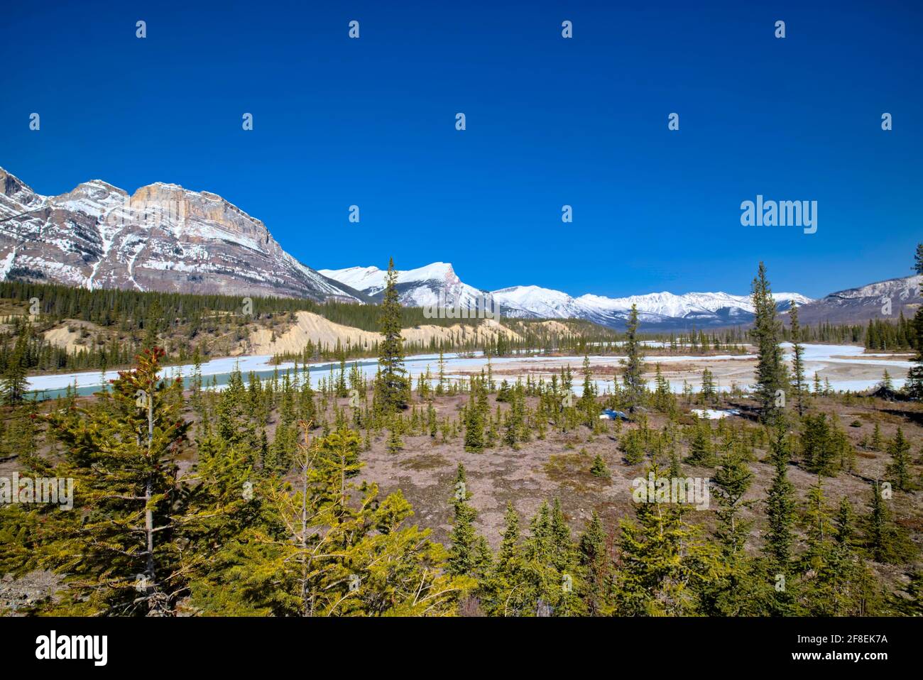 It was named 'The Crossing', when travellers and fur traders used this spot to cross the North Saskatchewan River on their way to British Columbia in Stock Photo