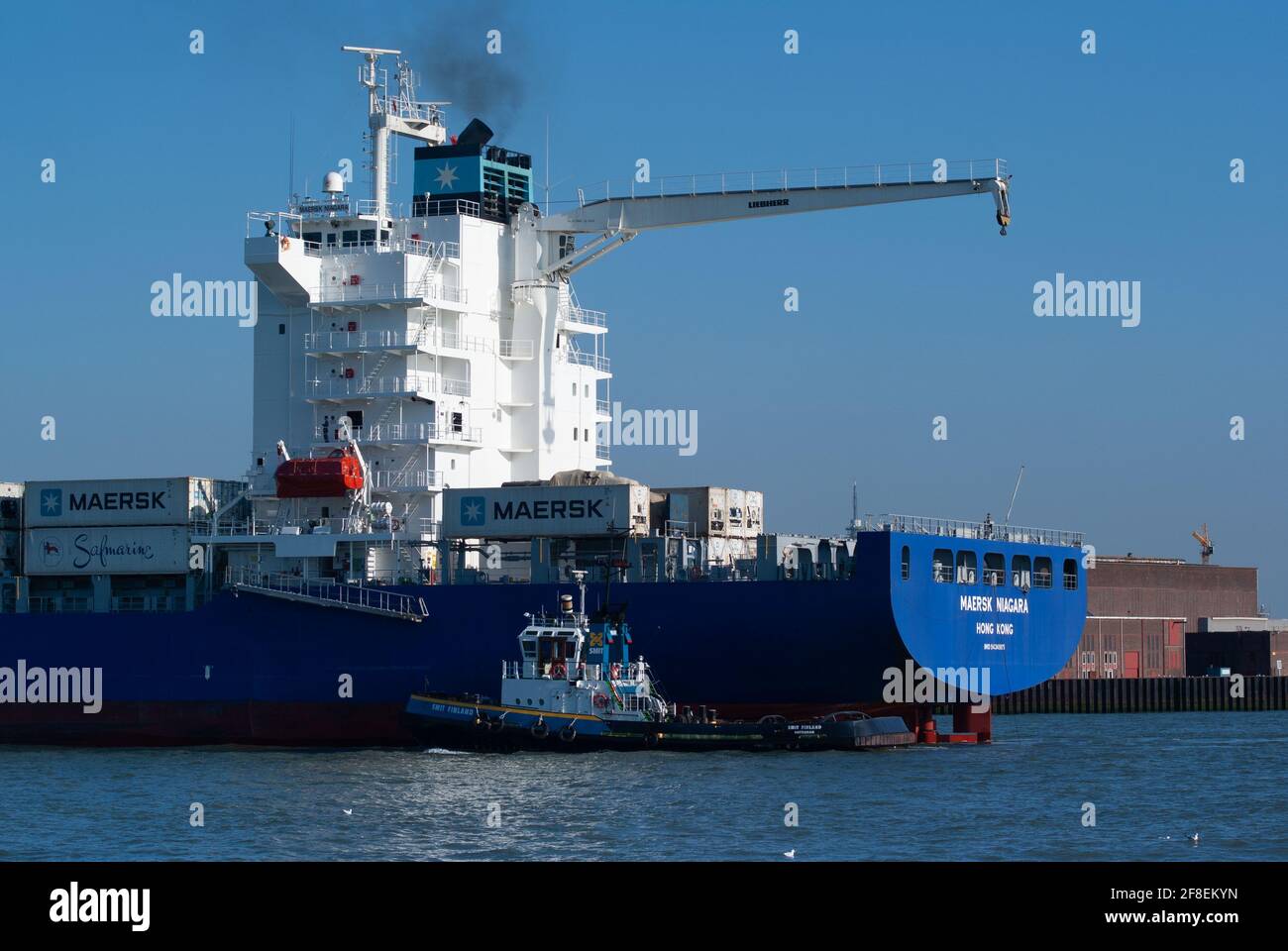 ROTTERDAM, NETHERLANDS - Sep 19, 2009: The tug boat Smit Finland is supporting container ship Maersk Niagara into the harbor of Rotterdam. Stock Photo