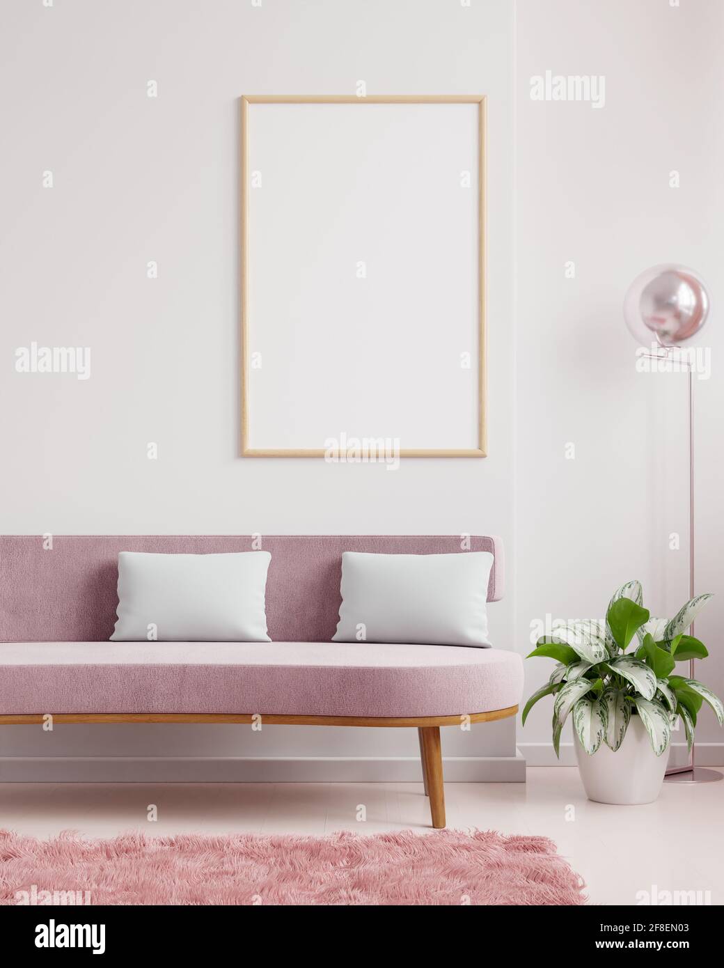 Download Poster Mockup With Vertical Frames On Empty White Wall In Living Room Interior With Pink Velvet Sofa 3d Rendering Stock Photo Alamy