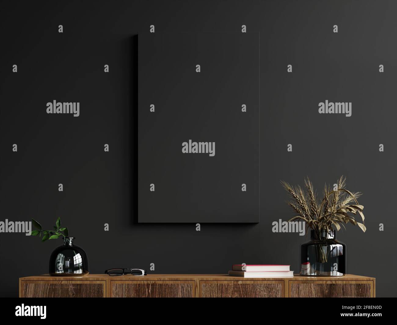 Mockup frame on cabinet in living room interior on empty dark wall ...