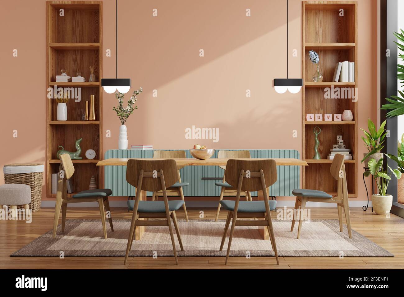 Modern dining room interior design with dark cream color wall.3d ...
