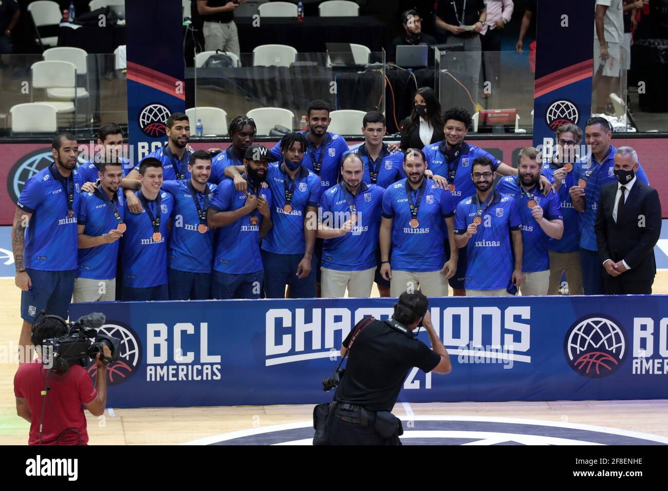 Managua Nicaragua 14th Apr 21 Players Of Minas Pose With The Silver Medal After Winning The Second Place Of Fiba Basketball Champions League Americas Defeating Real Esteli At The Alexis Arguello Sports