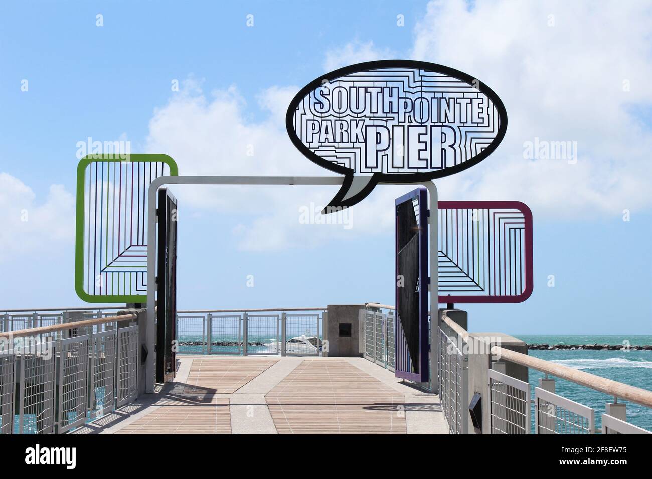 Close-up of the South Pointe Pier Park sign in Miami Beach, Florida. Stock Photo