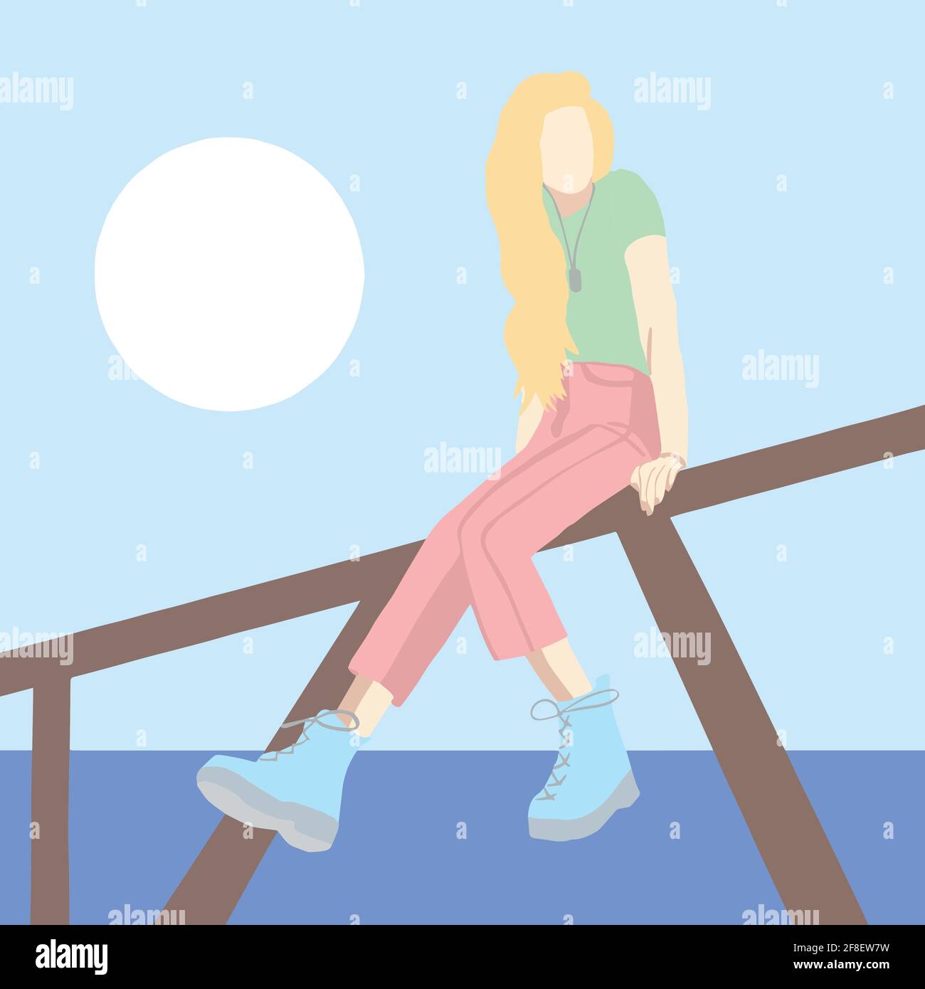 flat illustration. girl sitting on a bridge, fashion, style. Vector Stock Vector