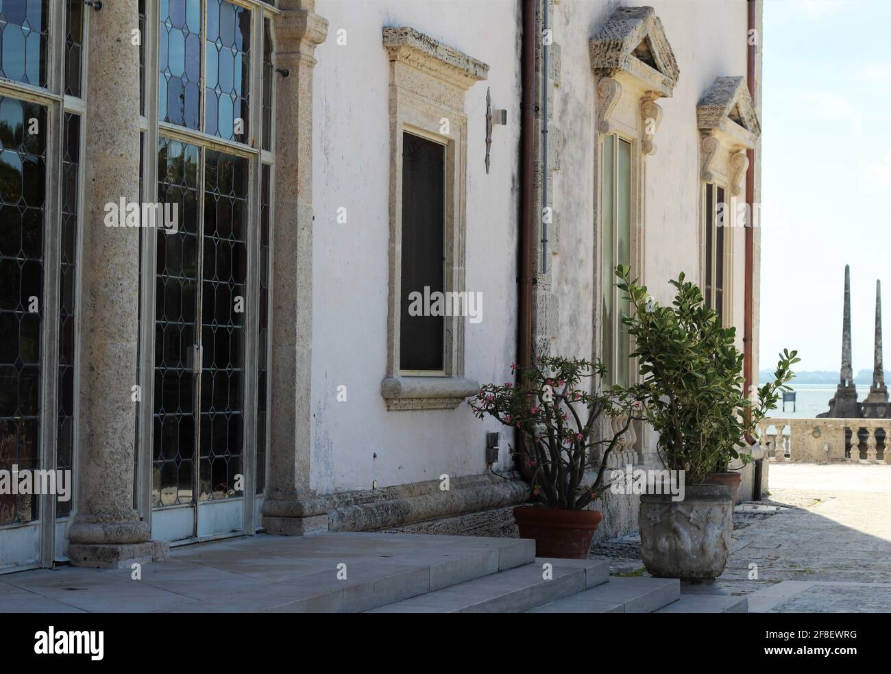 Side angle view of The Vizcaya Museum and Garden. Pots in plants and shadows scenery. Stock Photo