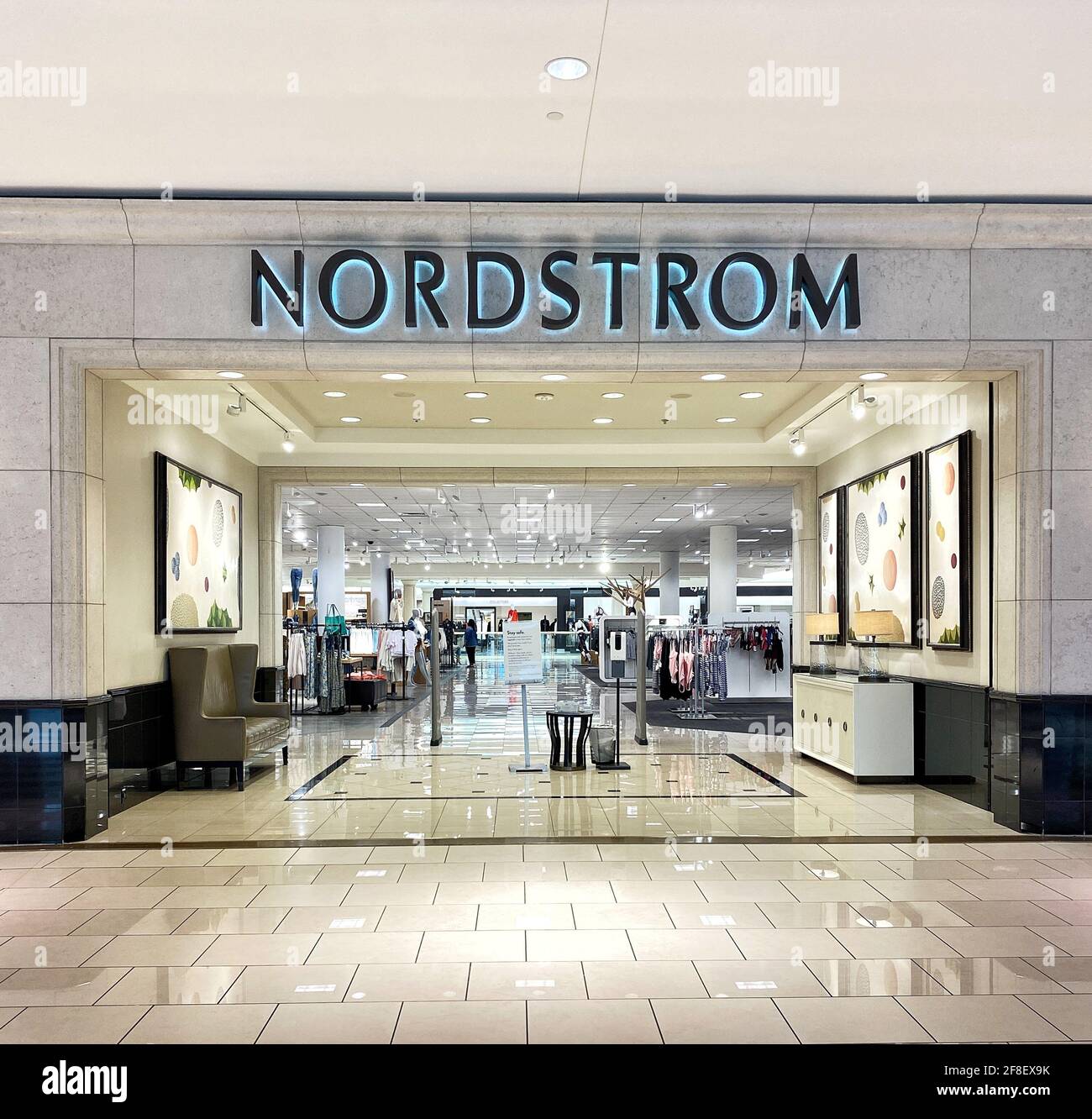 Indoor exterior facade of Nordstrom, Inc. An American luxury department store chain located in Aventura Mall, in south Florida. Stock Photo