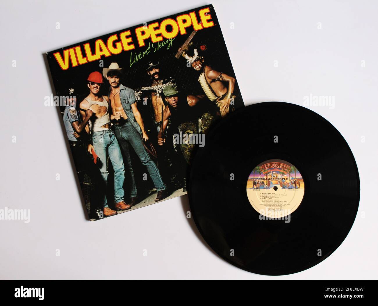 Disco, funk, and soul band, the Village People music album on vinyl record LP disc. Titled: Live and Sleazy Stock Photo