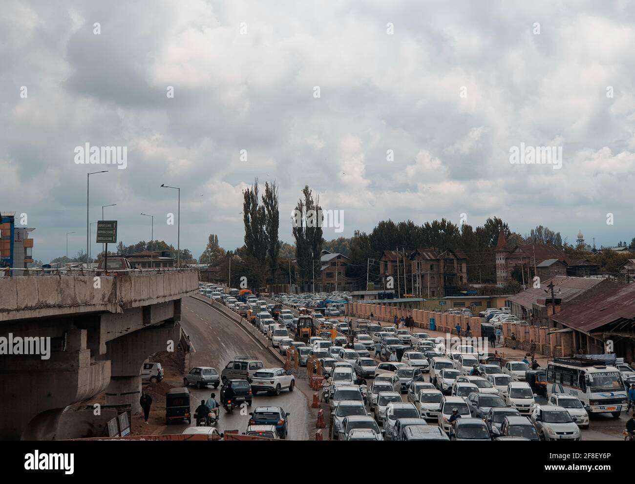 Traffic jam in city after coronavirus lockdown opens in india and state jammu and kashmir. Stock Photo