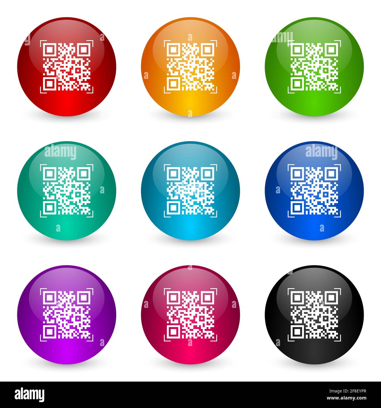 Qr code, shopping icon set, colorful glossy 3d rendering ball buttons ...