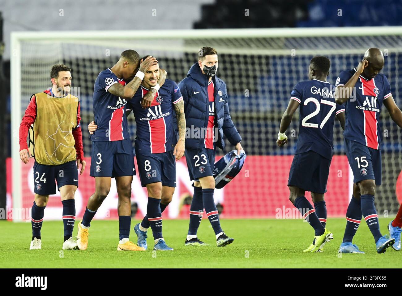 Paris France. 13th Apr 2021. Alessandro Florenzi Presnel Kimpembe Leandro Paredes Julian Draxler of Paris Saint Germain celebrate at the end of the UEFA Champions League quarter final 2nd leg football...